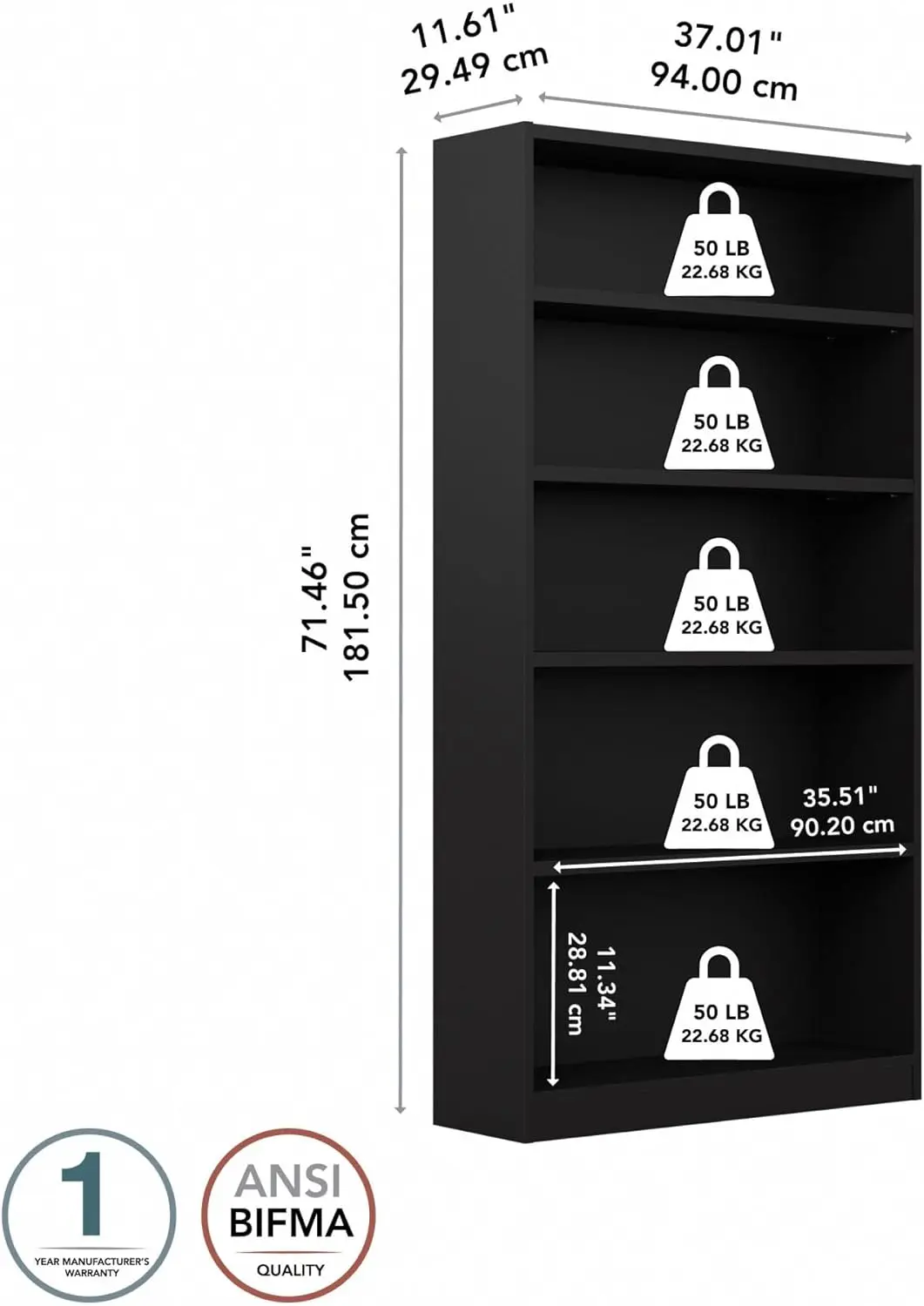 5 Shelf Bookcase in Black, Vertical Storage and Display Bookshelf for Home Office or Living Room