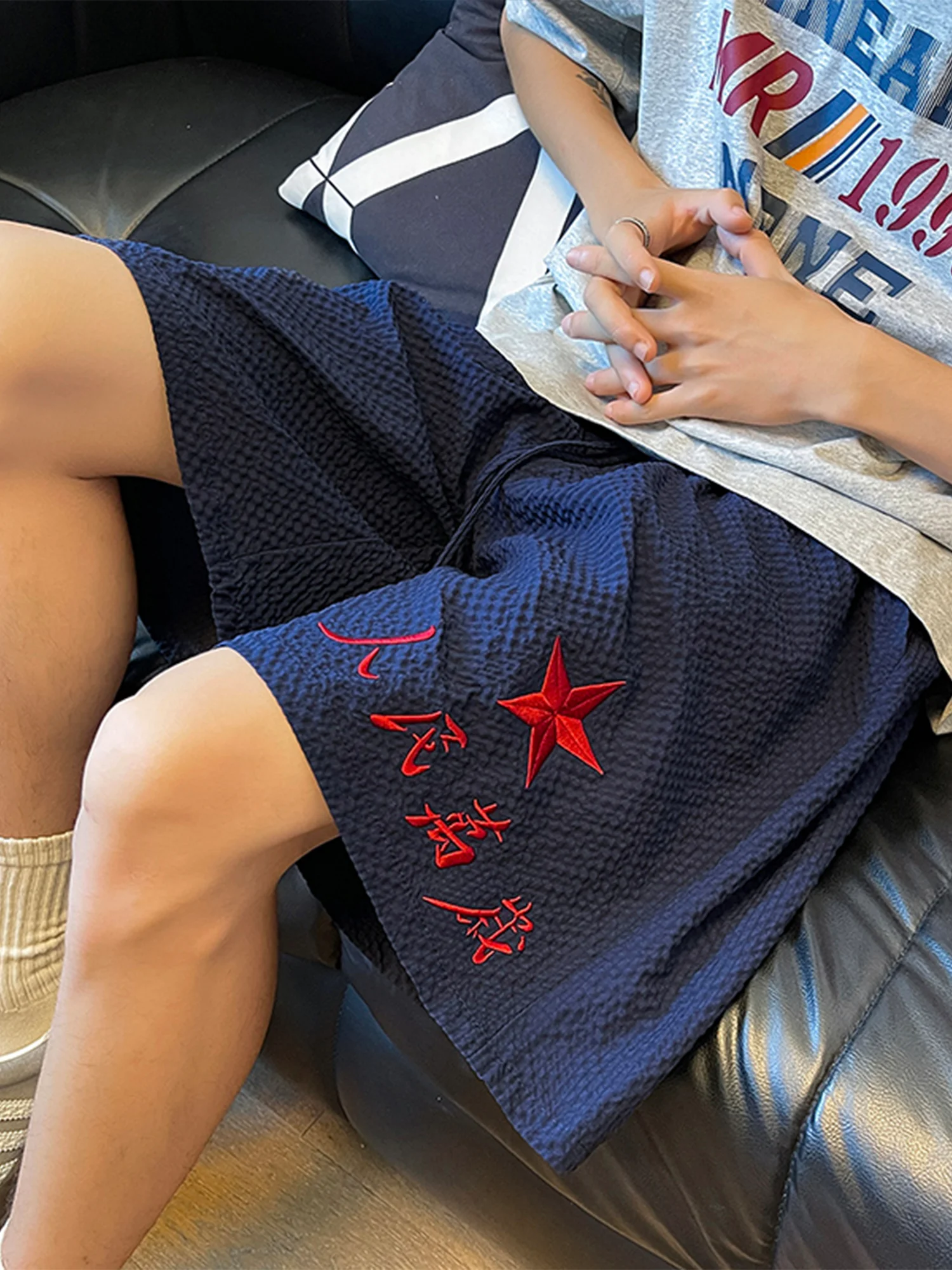 

Ele Ice Silk Bubble Cotton ort Pants Men's Loose Fit Summer Breathable Embroidered Five-Minute Straight Leg Trousers