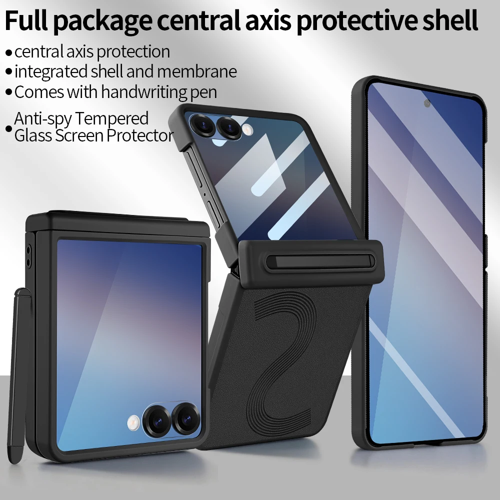 

Чехол для Samsung Z Flip 7 из искусственной кожи с сенсорным стилусом и защитной пленкой от подглядывания, защита шарнира, совместим с Galaxy Z Flip 6