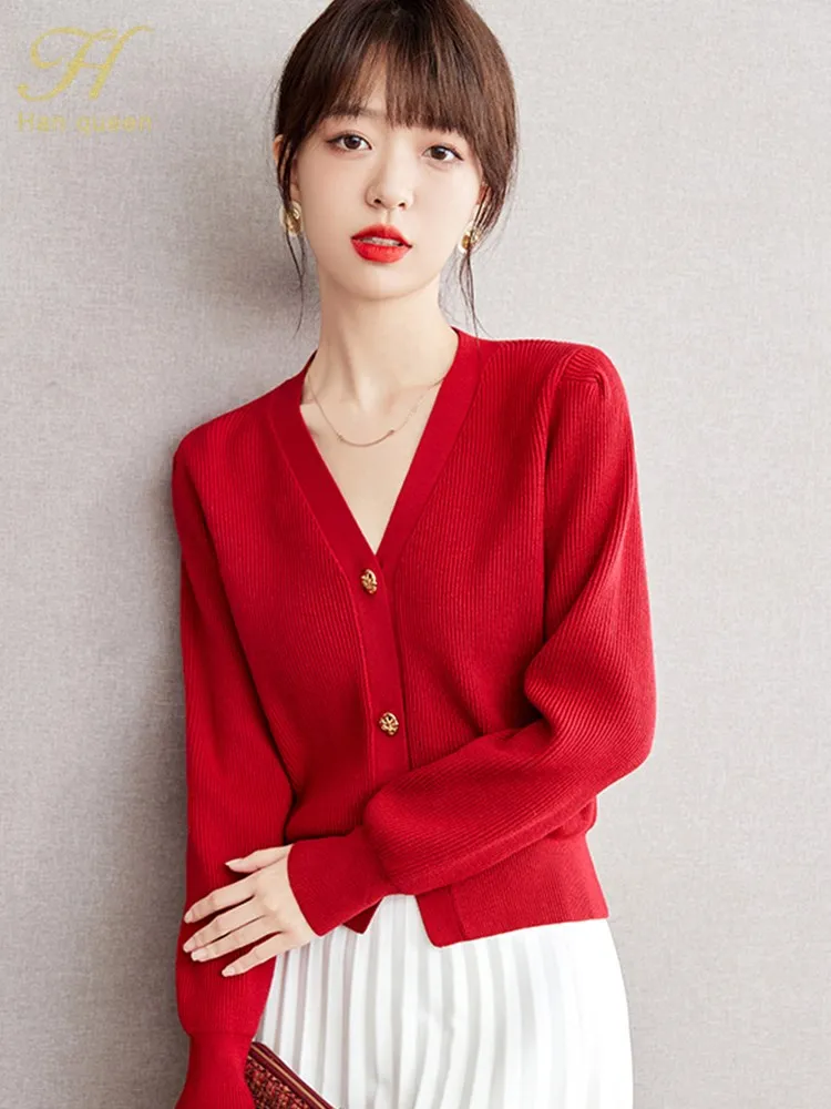 H Han Queen 2024 Autunno Inverno Coreano Con Scollo A V Rosso Cardigan Lavorato A Maglia Maglione Donna Casual Basic Manica Lunga Cardigan Vintage