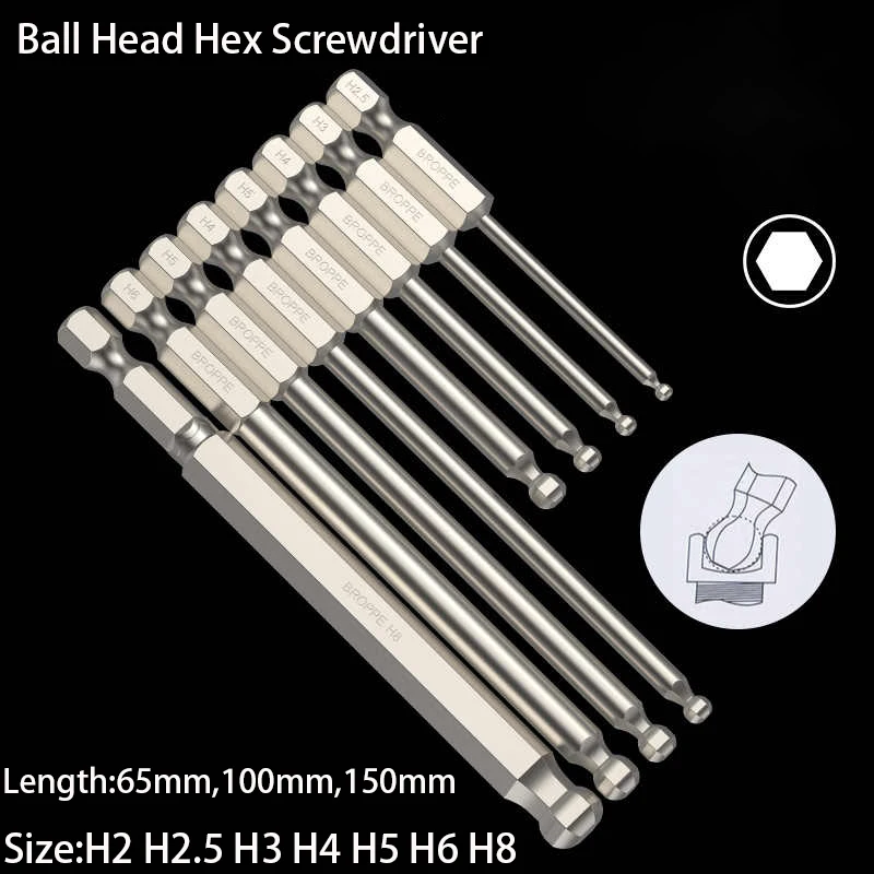 H2-H8 Ball Head Allen Screwdriver Bit Set 65/100/150mm 1/4 Inch Shank Magnetic Batch Head Driver Bit Hexagon Wrench Drill Bit