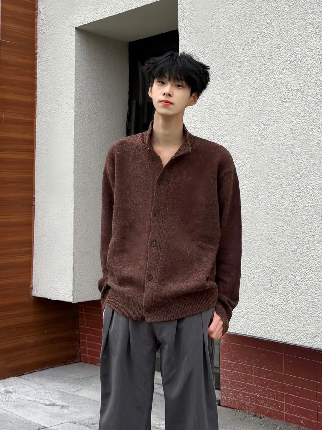 

Мужской кардиган с воротником-стойкой в винтажном американском стиле, вязаная куртка, мягкая, свободного кроя, повседневная одежда для осени и зимы