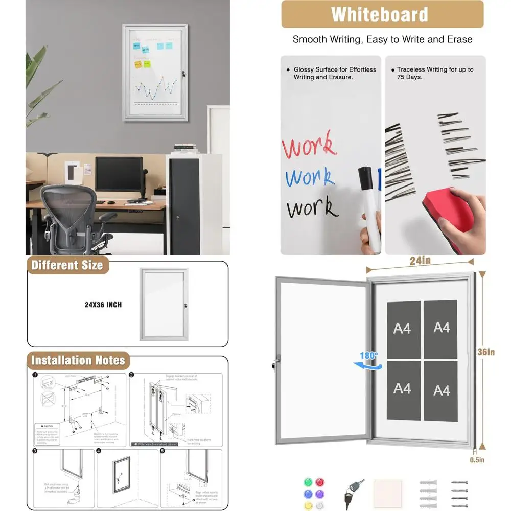 

Outdoor Lockable Weatherproof Aluminum Bulletin Board, 36x24, Silver Frame with Magnetic Surface for Schools and Offices