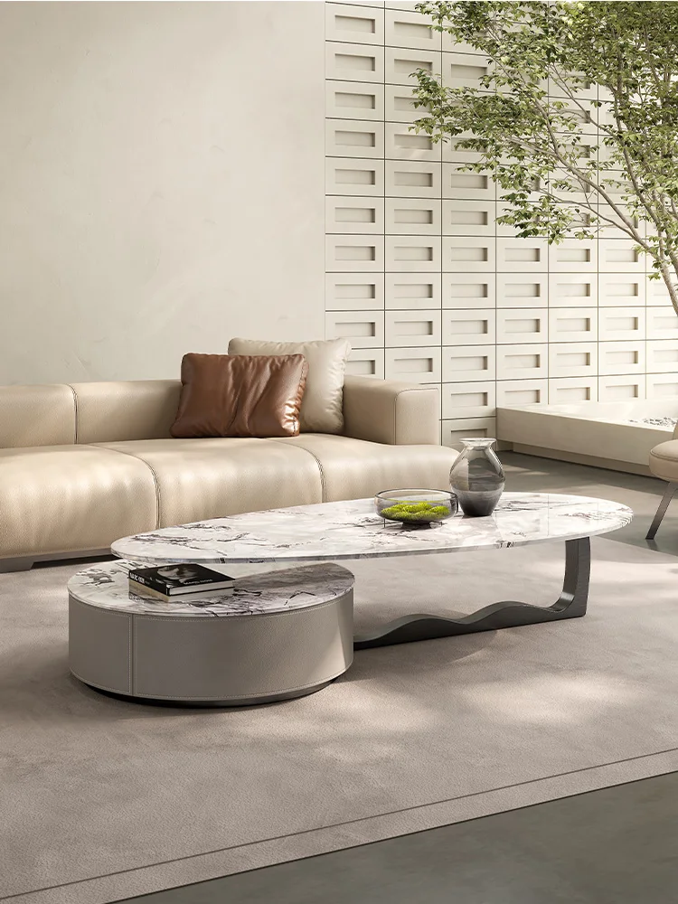 American-Style Natural Luxury Stone Endtable Mild Luxury Marble Retractable Storage Special-Shaped Tea Table Combination