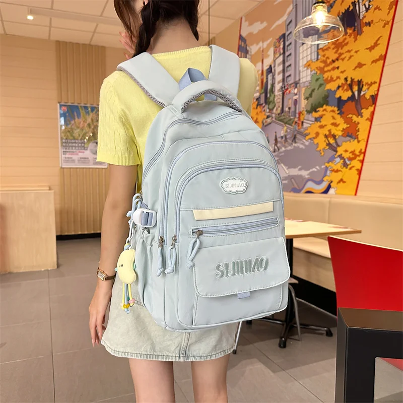 New Women Kawaii Pastel Backpack Waterproof Nylon School Bag with Embroidered Patch Ladies Cute Daily Commuter Travel Daypack