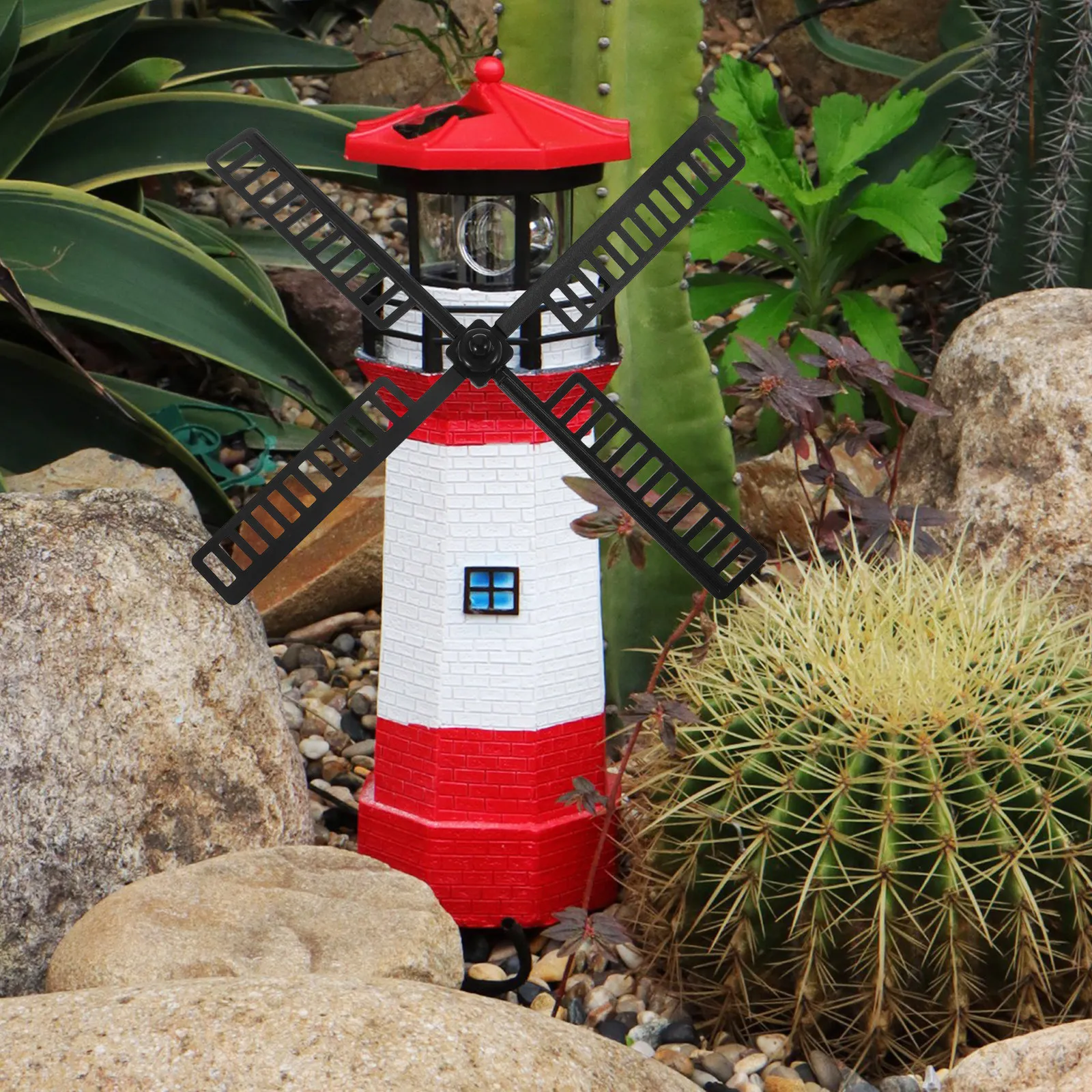 Yard Windmill Accessories Solar Windmill Lighthouse with Plastic Blades Garden Outdoor Decoration Weatherproof Fade Resistant