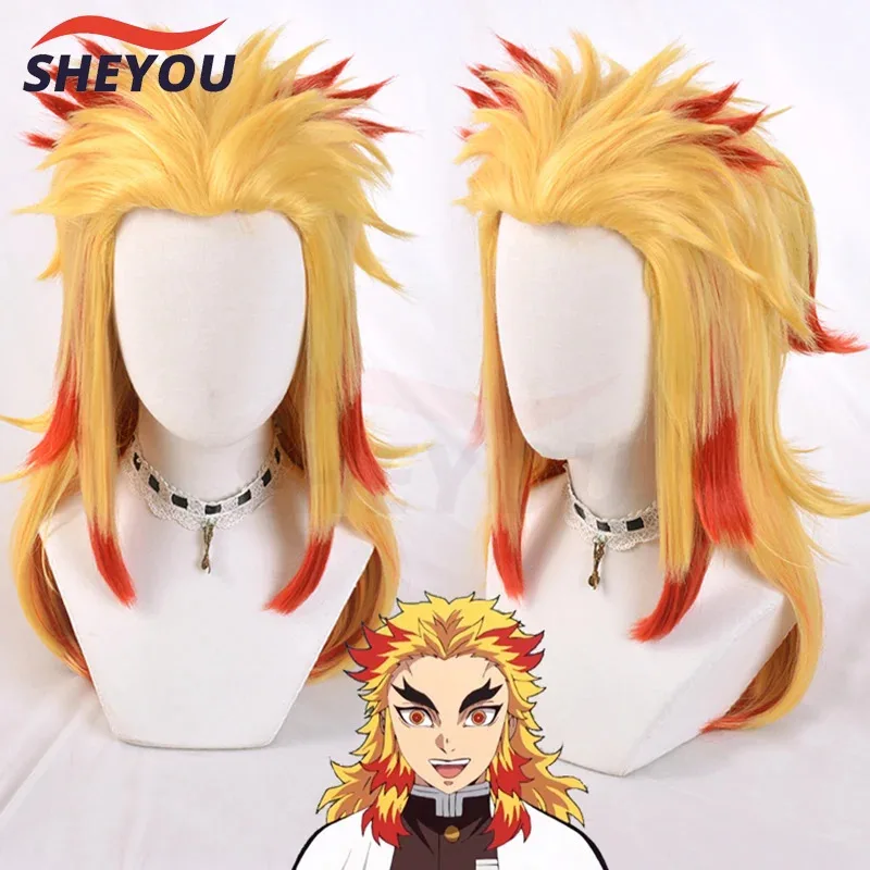 2025 12 أنيمي Rengoku Kyoujurou شقراء أومبير تأثيري حلي الرجال النساء مقاومة للحرارة ذيل حصان خصلات الشعر المستعار + غطاء شعر مستعار
