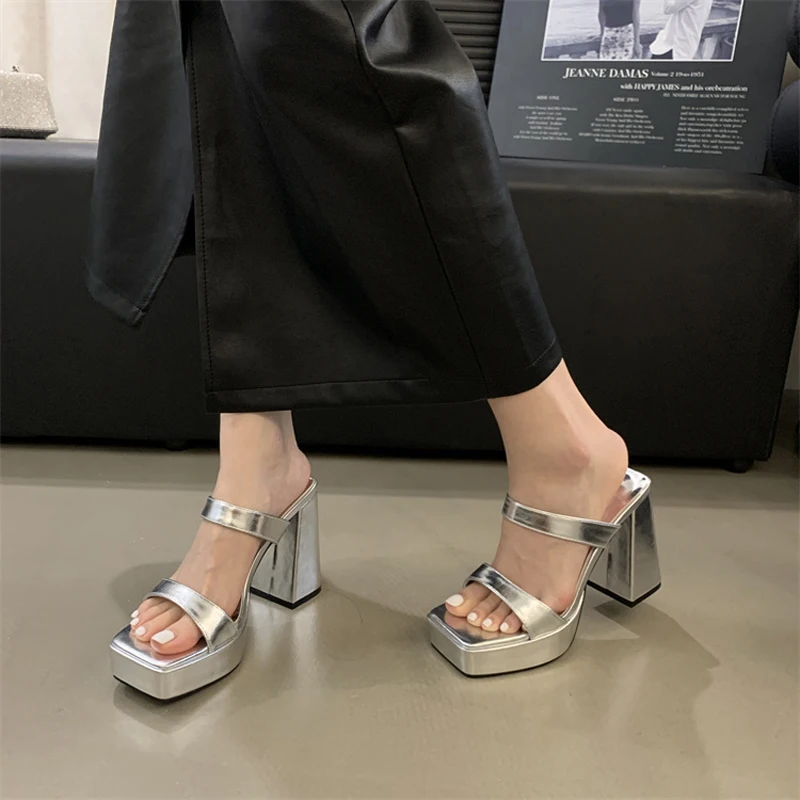 11CM Silver High Heels Slippers White Square Toe Platform Sandals For Women Summer ladies Heeled Shoes Black Sandalias Mujer