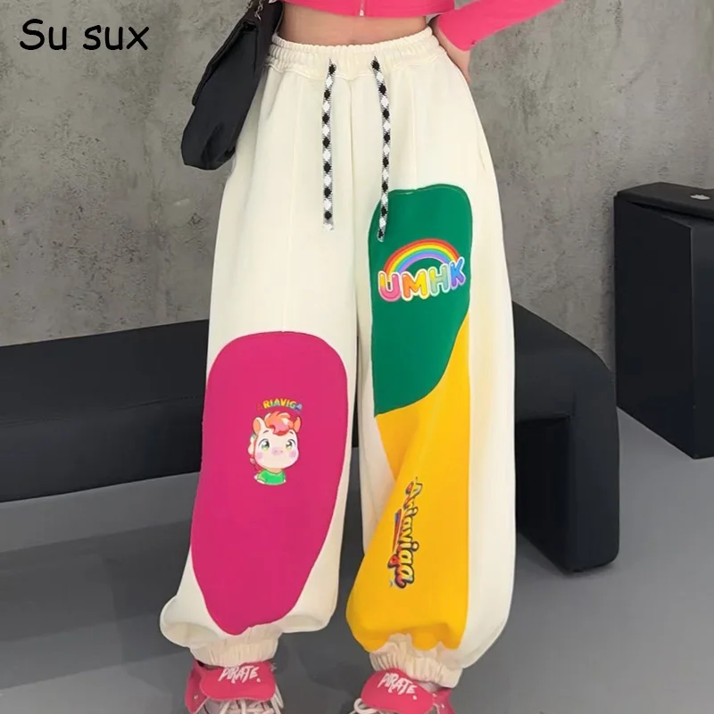 

2026 Spring Casual Cartoon Print Oversized Pants Woman Japanese Korean Fashion Multicolor Patchwork Sweatpants Vestidos Outwears