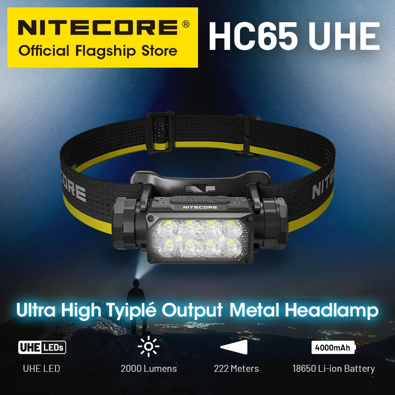 NITECORE HC65 UHE LED Headlamp 2000 Lumen USB-C Rechargeable 8 Core UHE LED Headlight Dual Beam,4000mAh 18650 Li-ion Battery