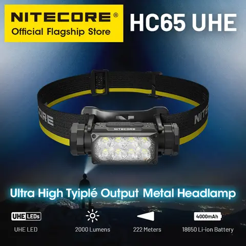 NITECORE HC65 UHE LED 헤드램프, 2000 루멘 USB-C 충전식 8 코어 UHE LED 헤드라이트 듀얼 빔, 4000mAh 18650 리튬 이온 배터리