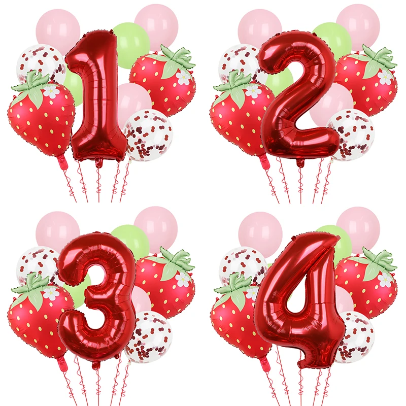 1 Satz 32 Zoll 1–9 Jahre altes digitales Aluminiumfolien-Ballon-Set mit Erdbeere und roten Punkten, geeignet für Geburtstagsfeier-Babyshower – Detail 3