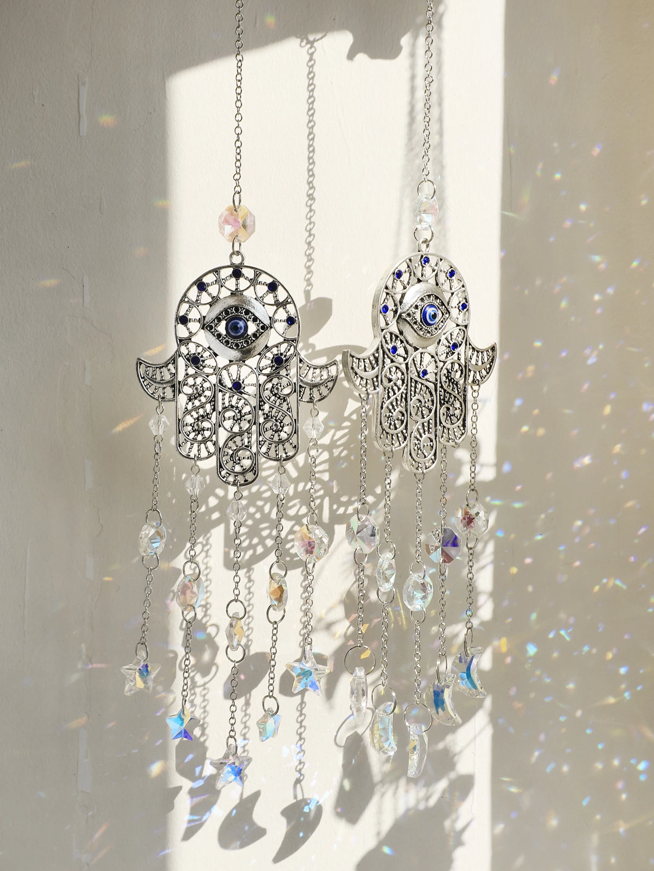 Hanging Crystals Sun Catcher Evil Eye Hamsa Hand Rainbow Maker Chakra Stained Glass Light Catcher Prism Home Garden Decoration