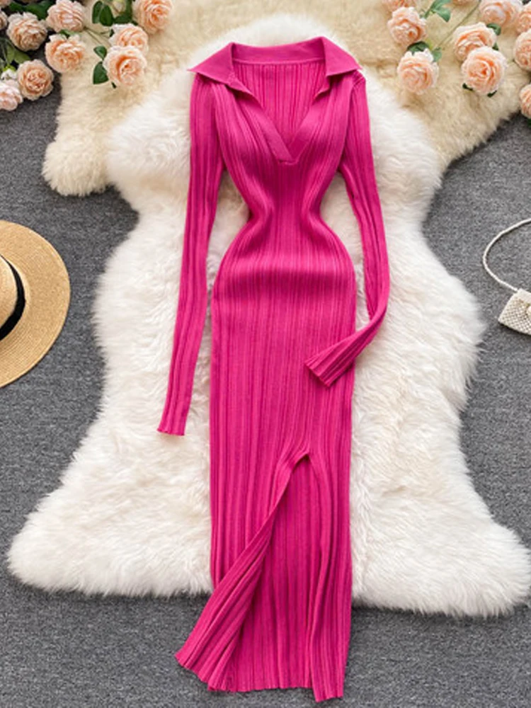 YuooMuoo Chic Fashion Sexy Wrap Hips Split Long Dress Spring Autumn Ribbed Knitted Slim Elastic Bodycon Dress Outfits Vestidos