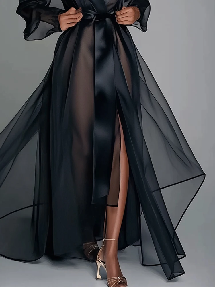 Organza See Through Long Sleeve Lace Up Robe Maxi Dress Summer Lapel Collar Fashion Bridal Robes Women's Gown Solid Party Dress image 5
