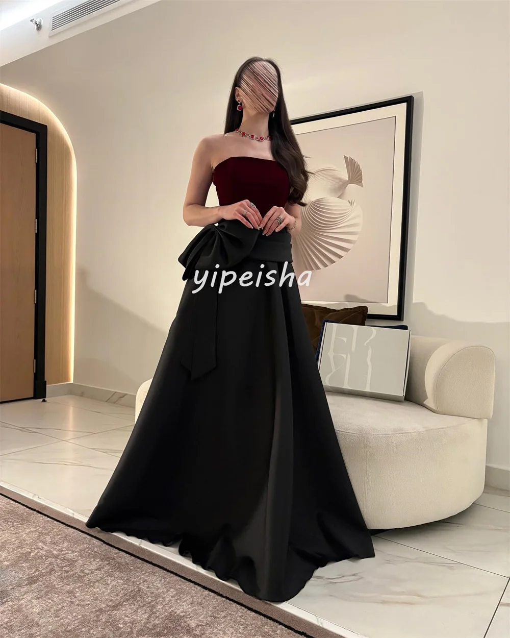 Aangepaste moderne stijl bijpassende plooi gedrapeerde strik A-lijn strapless lange jurken op maat gemaakte gelegenheidsjurken maten beschikbaar formeel