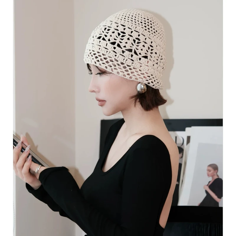 Personalisierte Perlenbesetzte Fransen-Strickmützen für Damen Sommer Herbst Dünne Hohle Vielseitige Lässige Retro Ethnische Stil Pullover-Mütze – Detail 2