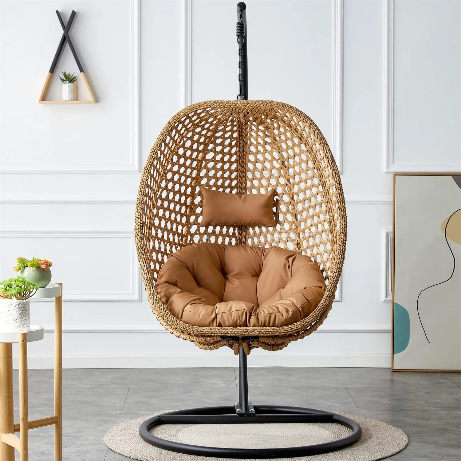 Egg Swing Chair With Stand Rattan Hanging Egg Chair With Cushions And Pillow Relaxing Chair Foldable Basket & Metal Stand