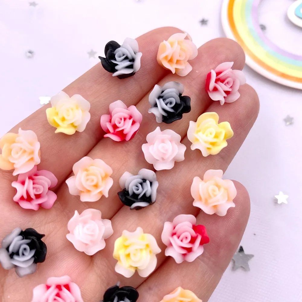 50pcs Resin Colorful 10mm Cute Rose Flower Gems Flatback Stone Applique DIY Wedding Scrapbook for Nail Buttons Accessoire Crafts