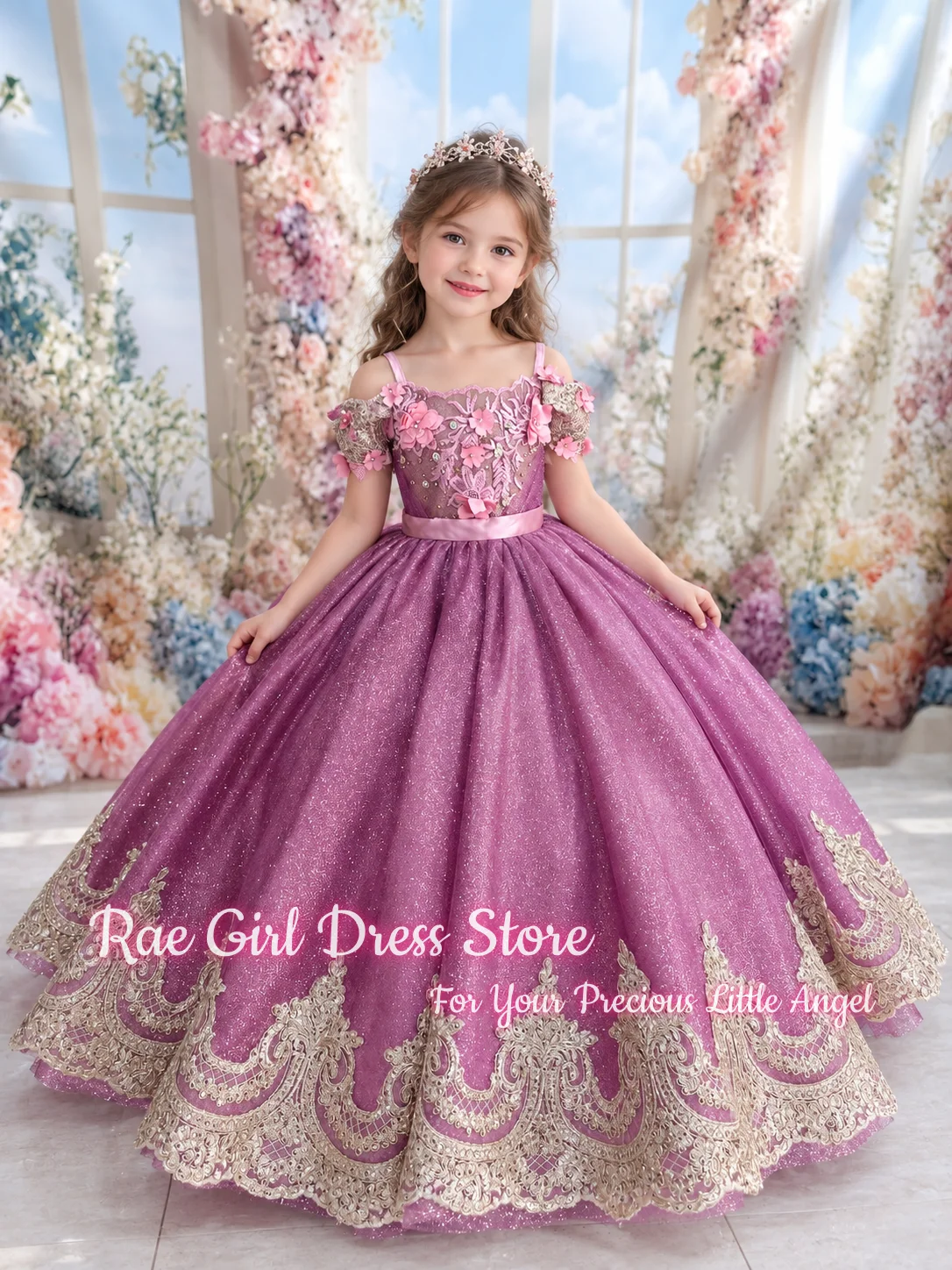 Purple Glitter Flower Girl Dress For Wedding Birthday Pageant A Line Floor Length Tulle Gown 3D Floral Lace Off Shoulder Sleeves