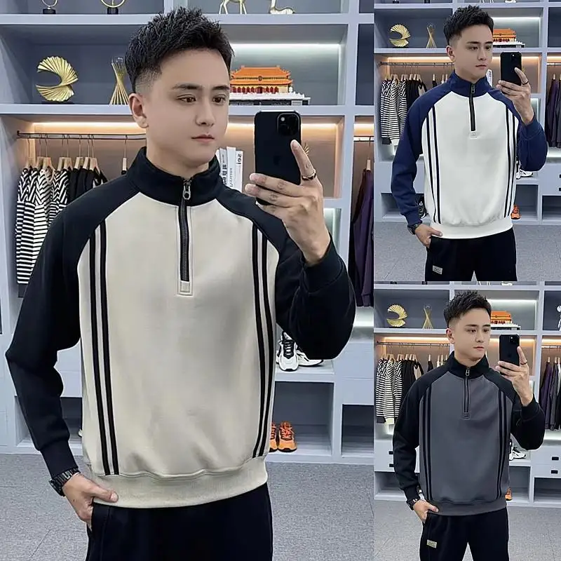 

Men's Thiened Fce Hoodie f Zipper Stand Collar Autumn Winter Faion Splicing Base irt Cotton Fabric Anti-Wrinkle