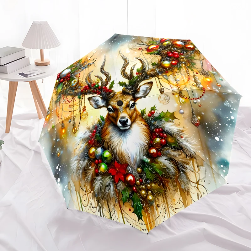 Christmas Reindeer Folding Umbrella - Fashionable Auto-Open Design 8 Iron Ribs Plastic Handle Foldable Sunshade，Perfect Gifts