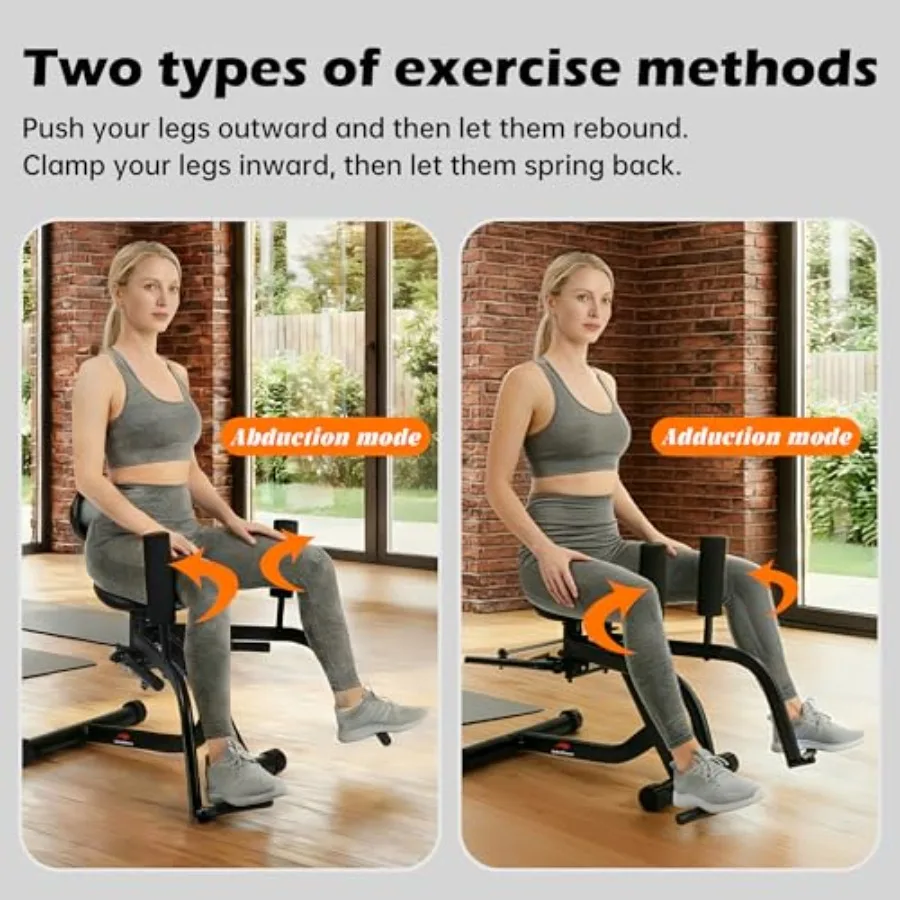 Home gym hip abductor and thigh exercise machine with thickened spring, adjustable 360-degree leg pads, black metal frame, comp