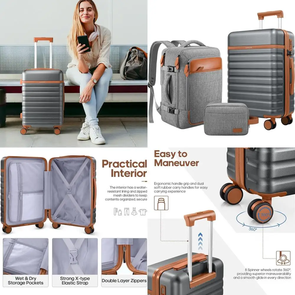 3-Piece Grey Hardside Spinner Luggage Set with TSA Lock & Travel Backpack for Men (20 Carry-On)
