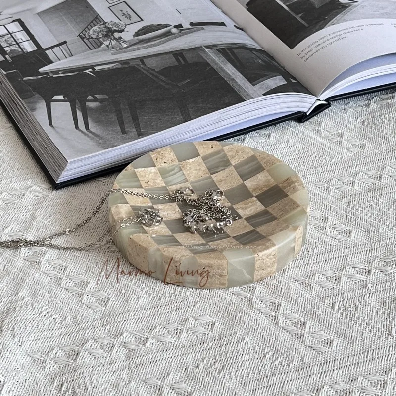 French light luxury style girls' jewelry storage plate desktop natural marble small ornaments round decorative small tray