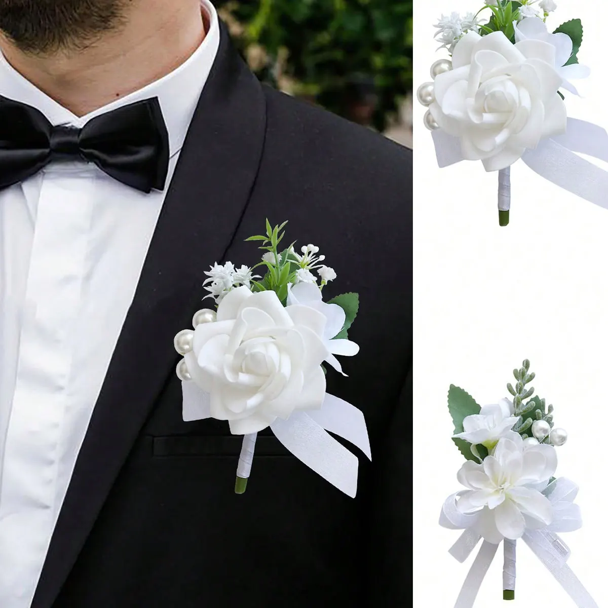 White Rose Wedding Groom's Boutonniere with Pearl and Green Leaf Artificial Floral Design, Groomsmen's Suit Lapel Flower, Wedding Party Accessory