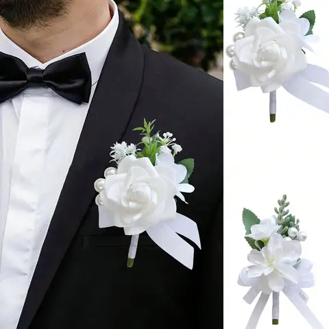 White Rose Wedding Groom's Boutonniere with Pearl and Green Leaf Artificial Floral Design, Groomsmen's Suit Lapel Flower, Wedding Party Accessory