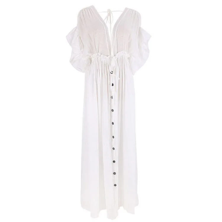 مثير العميق الخامس الرقبة الصلبة فستان الشاطئ تونك المرأة ملابس الصيف ملابس الشاطئ كشكش كم بدلة السباحة التستر مثير بيكيني الغطاء