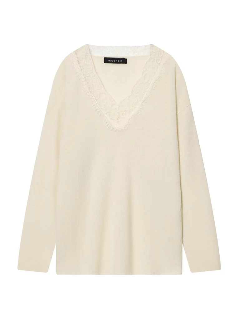 

Women Sweater Pullover 2025 Autumn Winter New Fashion Long Sleeves Lace Trim Women Sweater Pullover Elegant Hight Street Top