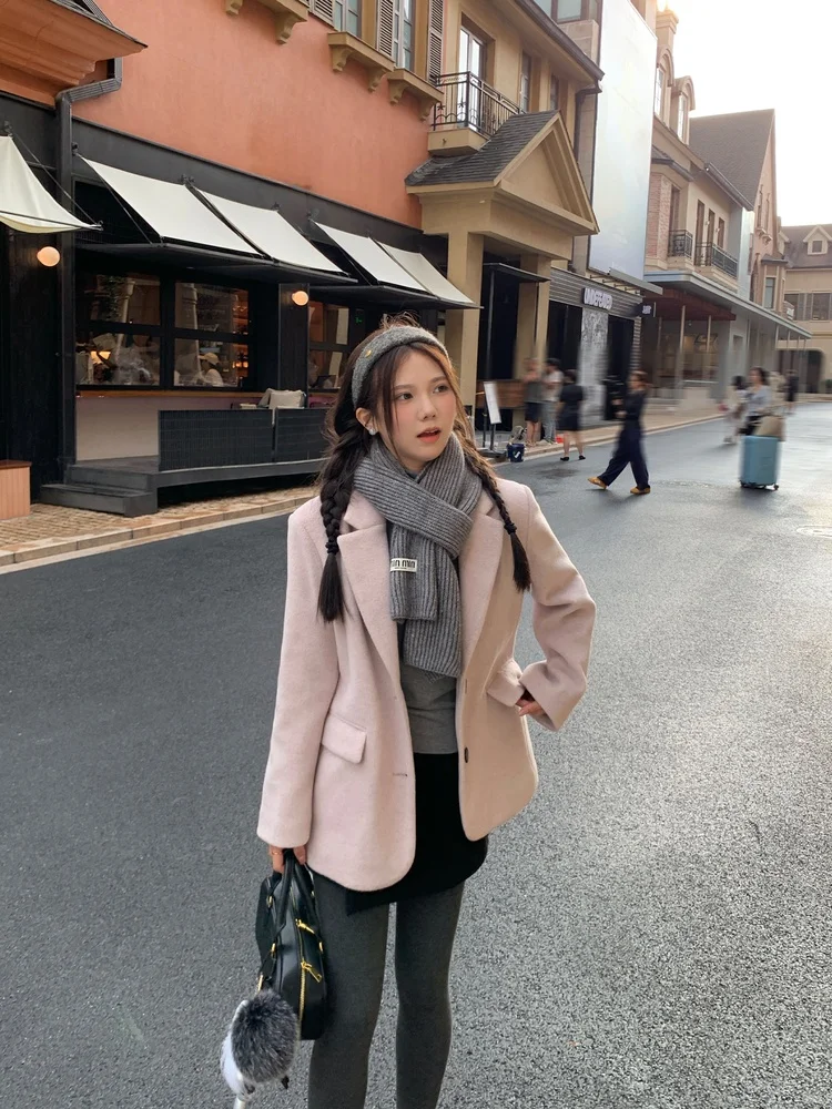 

Paris Academy Autumn Winter Woolen Suit Jaet Ele Design Versatile Korean Sle Loose Fit Thiened Long Sve Single B...