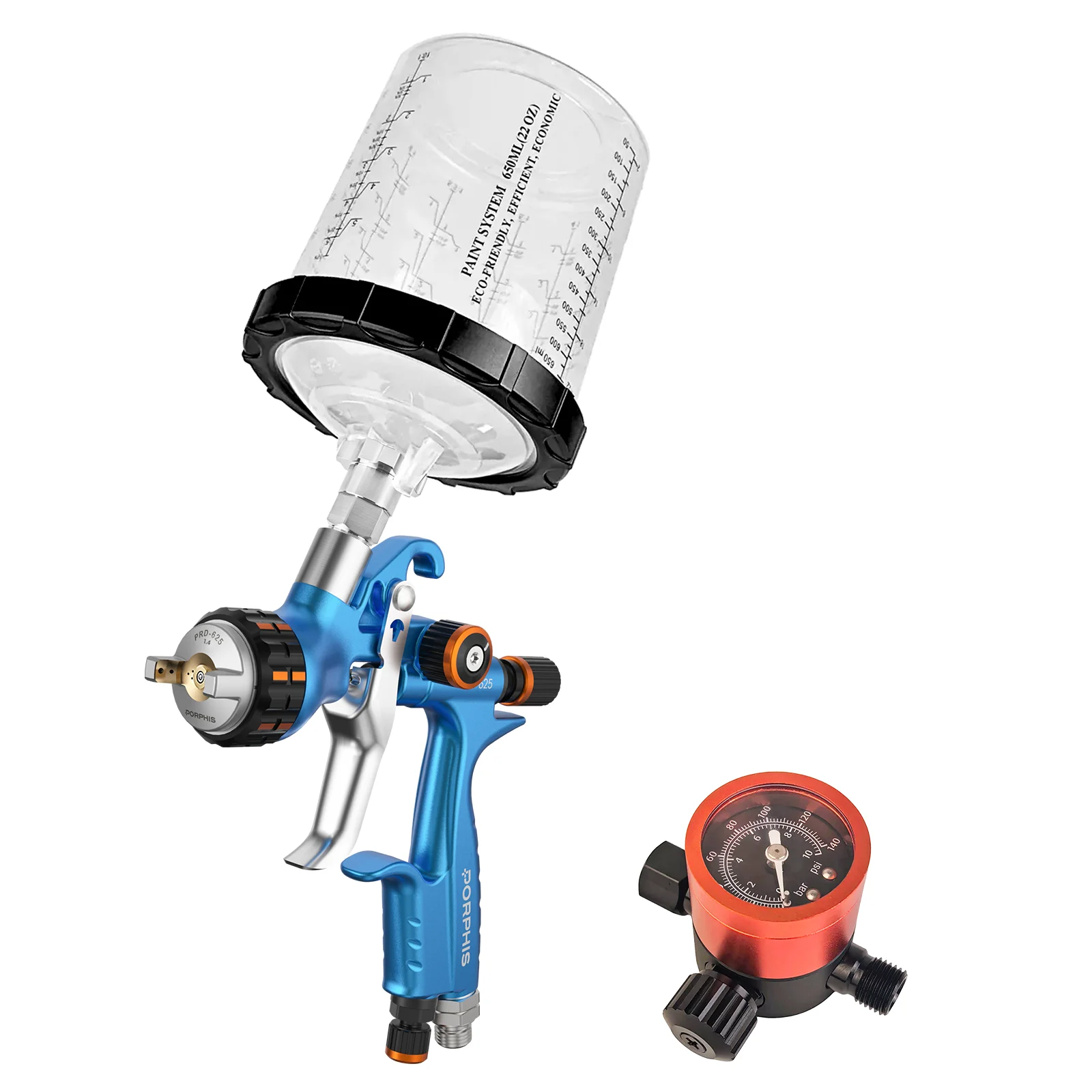 PORPHIS PRD-625 MP 1.3mm Spray Gun with Air Pressure Regulator Gauge Automotive Paint Gun for Basecoat Refinish Spot Repair