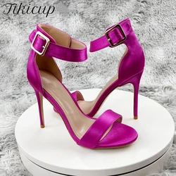 Tikicup Newly Fuchsia Slik Satin Women Ankle Strap Open Toe High Heel Sandals 10cm Elegant Summer Dress Stiletto Pumps Shoes