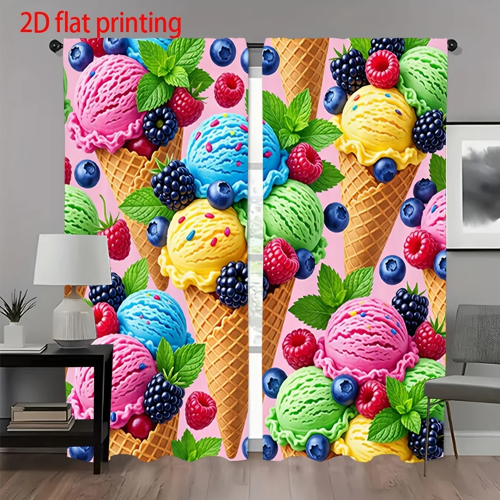 Cartoon Ice Cream Cone Print Blackout Curtains - Colorful Summer Dessert Pattern Window Drapes for Kids Room Kitchen Decor