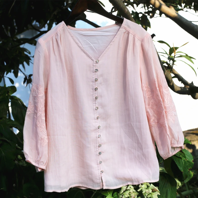 

Casual Embroidered Cotton Linen irt Cardigan Women's Loose Fit V-Ne Lantern Sve Top French Sle Pure Color C758