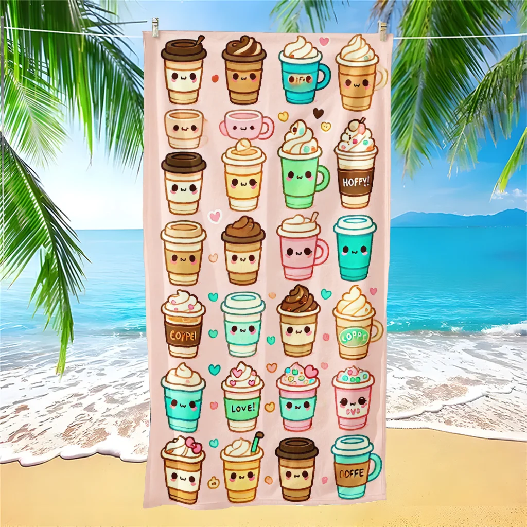 1pc Cartoon Coffee Cute Collection Beach Towel | Large Rectangular Microfiber Towel, Sports Sweat Towel