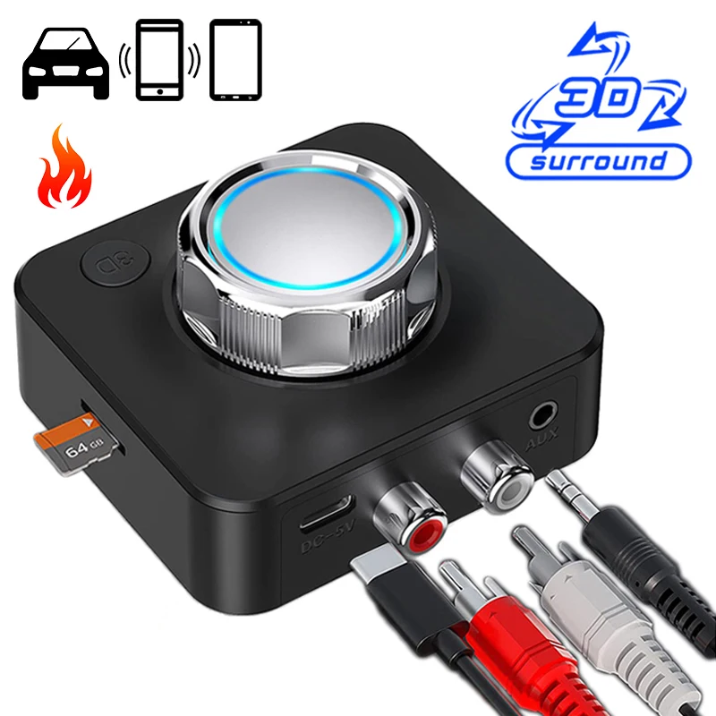 Bluetooth 5.0 Audio Receiver 3D Stereo Music Wireless Adapter TF Card R/L RCA 3.5mm AUX Jack For Car kit Wired Speaker Headphone