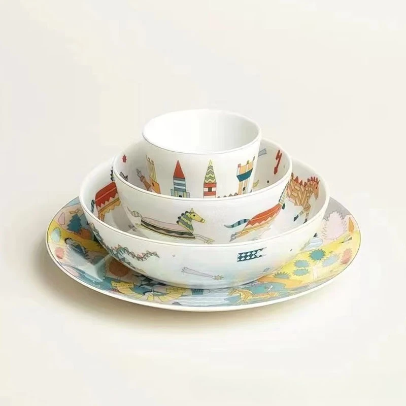 

Cartoon glaze color rice bowl plate small water cup children's creative tableware unicorn four-piece set