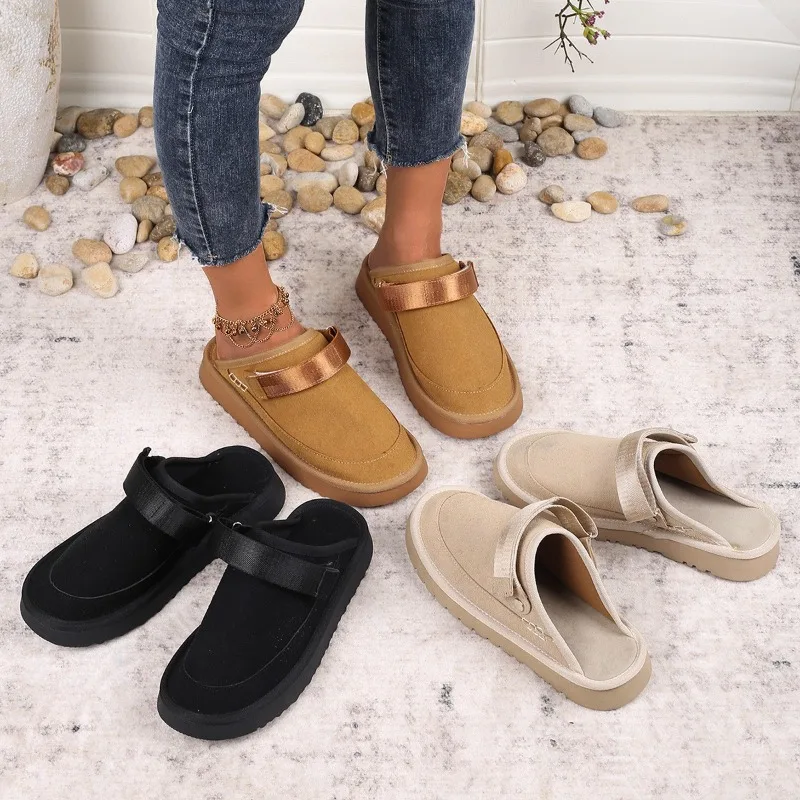 Faux Fur Women's Slippers Winter New Outdoor Comfortable Back Strap Cotton Shoes Flat Mule Shoes Thick Sole Soft Women's Shoes