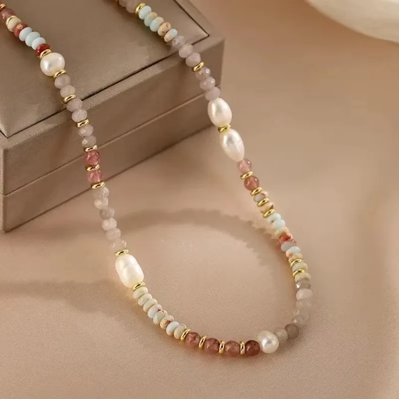 Minar Retro Colorful Natural Stone Crystal Freshwater Pearl Strand Beaded Necklace for Women 14K Real Gold Plated Copper Chokers