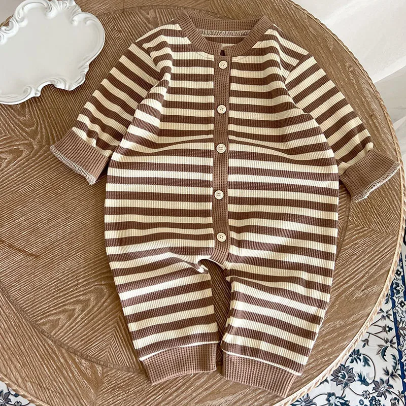 Barboteuse en coton à rayures et manches longues pour bébé, combinaison une pièce pour nouveau-né, tenue de printemps et d\'automne