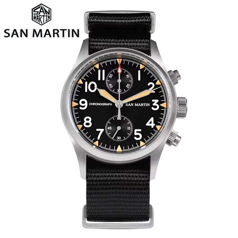 San Martin SN0120W 37mm Men Chronograph Watches Vintage Military Pilot Quartz Movement Watch Bead Blasted Case Waterproof 100m