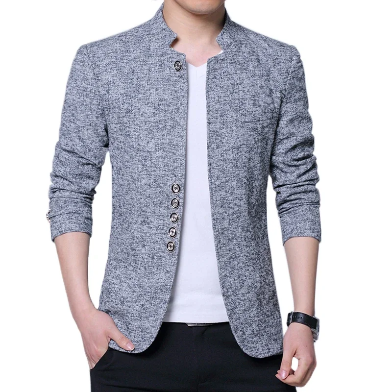 Korean Style Men Stand Collar Slim Blazer 2026 New Single Breasted Mens Tunic Suit Jacket Male Casual Outerwear