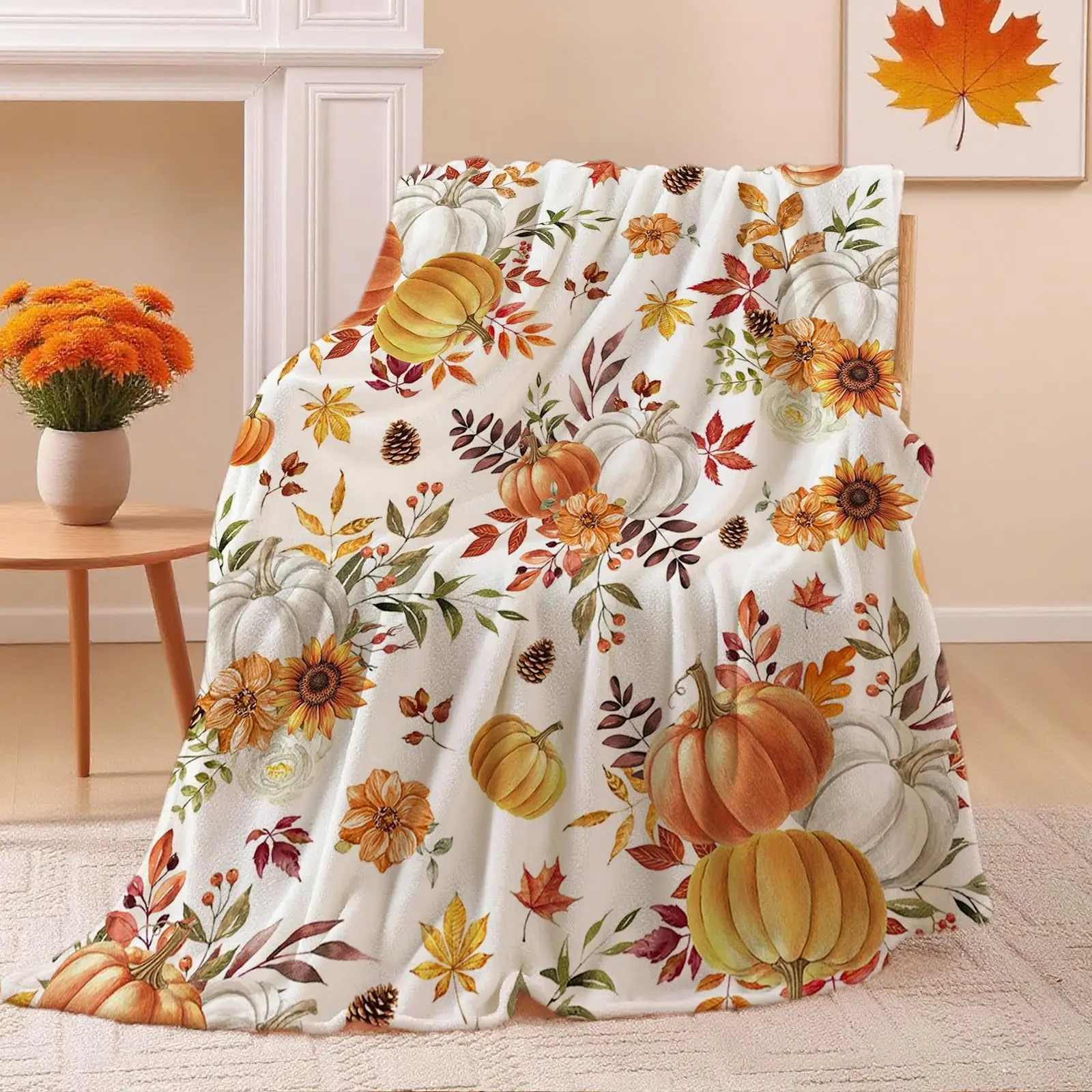 Fall Thanksgiving Throw Blanket Maple Leaf Pumpkin Flannel Print Blanket Super Soft Cozy Nap Blanket Perfect Home Gift for Her