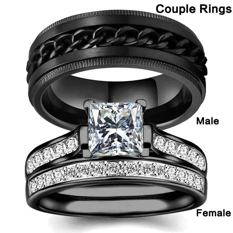 Fashion Couple Rings Exquisite Women Rhinestones Zirconia Rings Set Simple Men Stainless Steel Chain Rings Wedding Band Jewelry