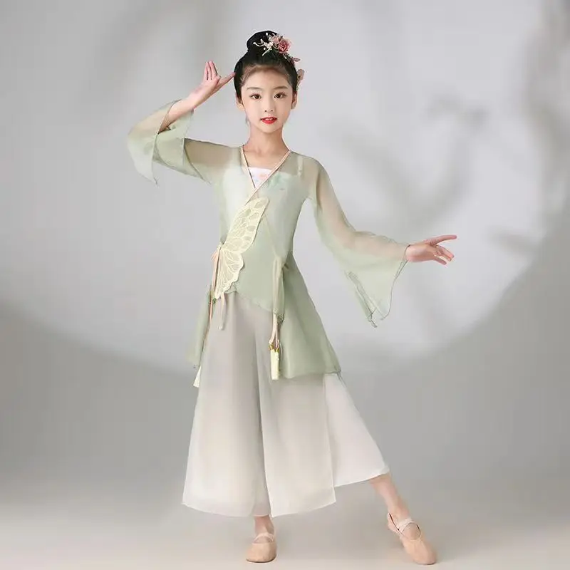 Kid Girl Classical Dance Clothing Embroidered Gauze Top Bow Lace-up Gradient Split 2-Layer Chiffon Flowing Wide Leg Pants
