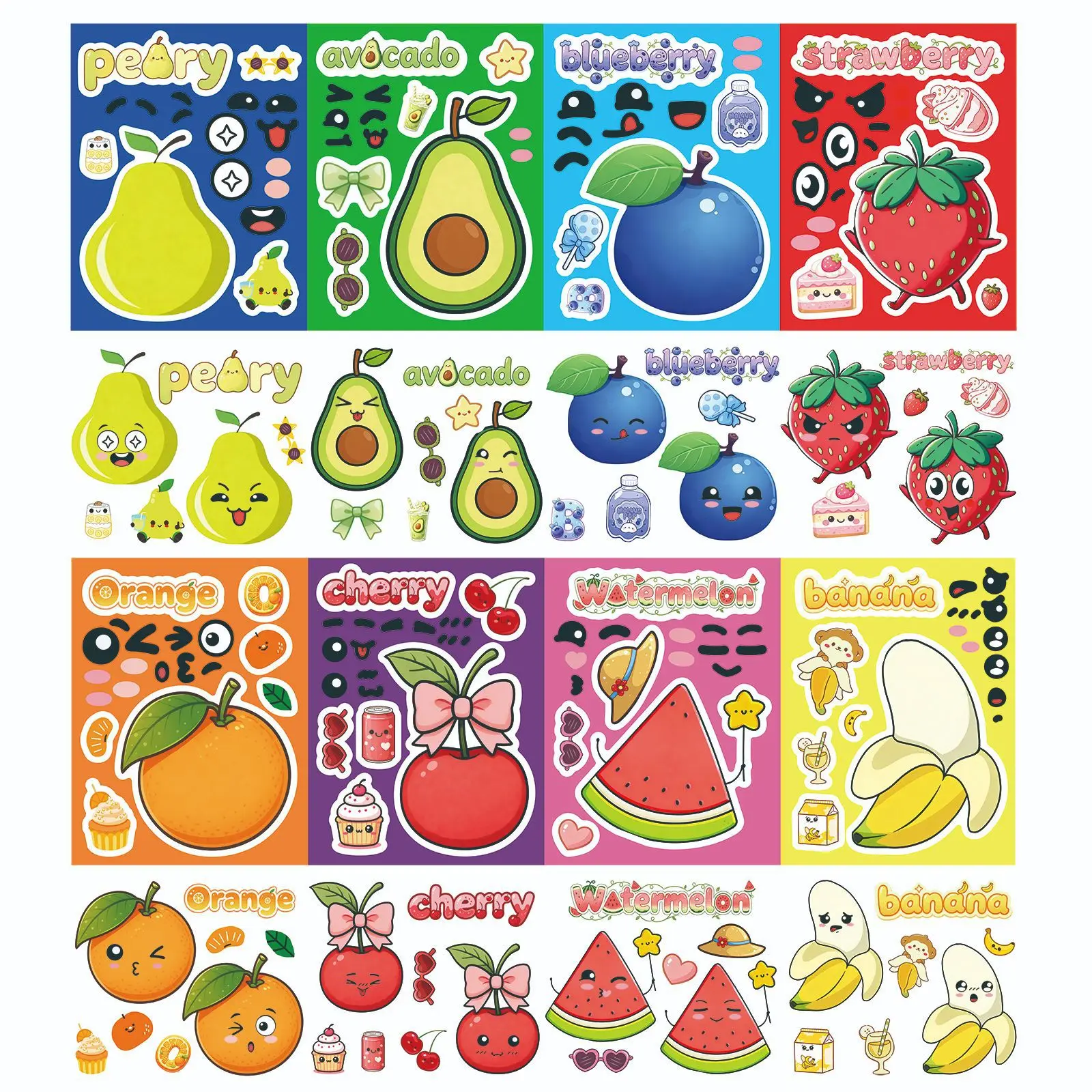 8-Pack Cute Cartoon Fruit Puzzle Make Face Stickers DIY Waterproof Decals for Tablets Laptops Guitars Luggage Stationery Decor